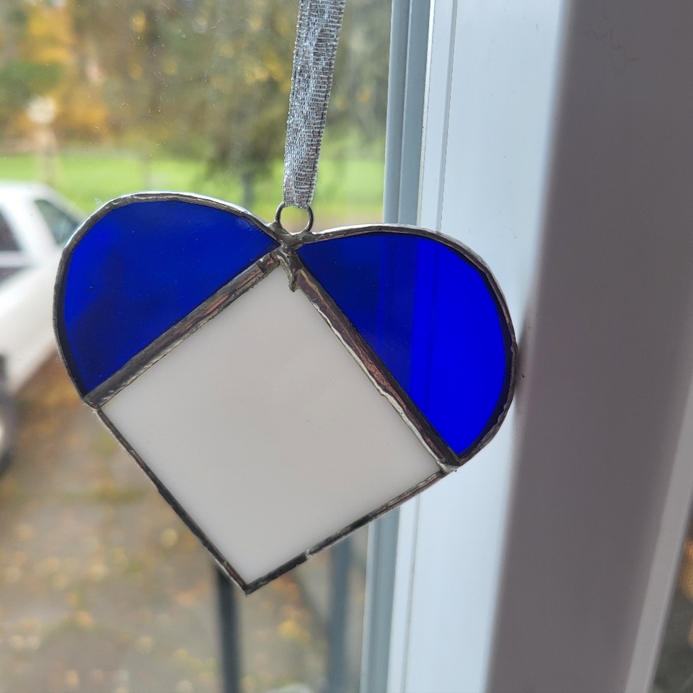 Blue and White Stained Glass Heart Suncatcher